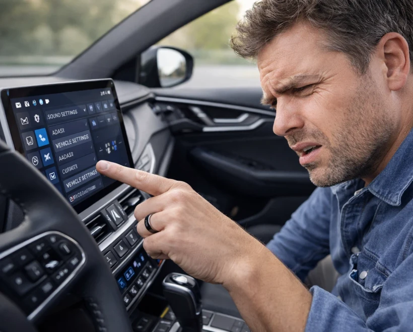 Ilustracija prikaza zbunjenosti kod novih automobila i traženje opcija. Prodajem Auto