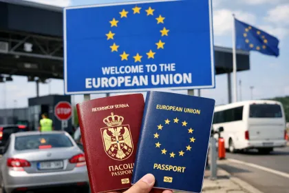 Simbolično prikazana nova pravila ulaska u EU i dodatne kontrole putnika iz zemalja van Šengena. Prodajem Auto